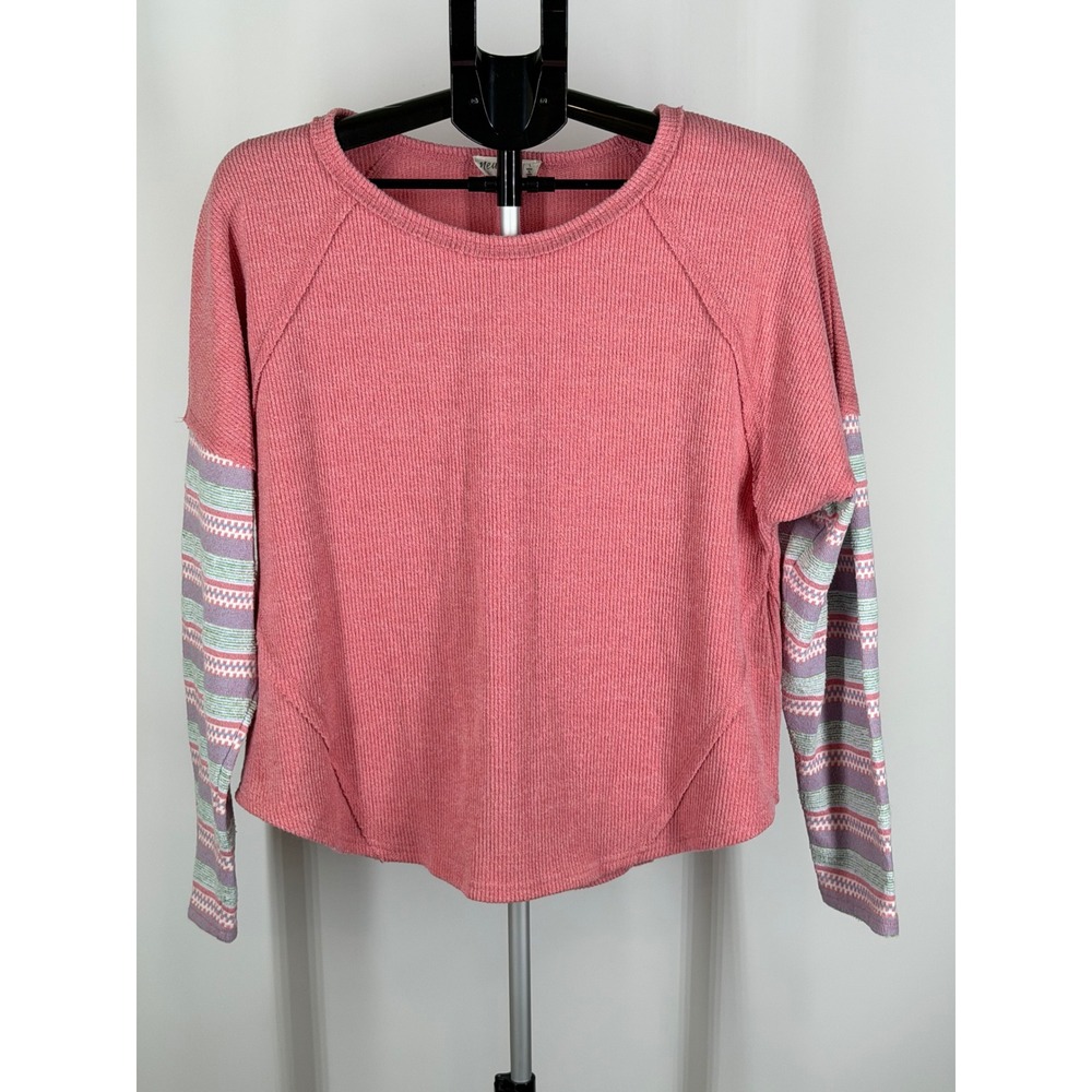 New Mix Waffle Knit Thermal Top Coral Pink Mixed Media Tribal Sleeve L